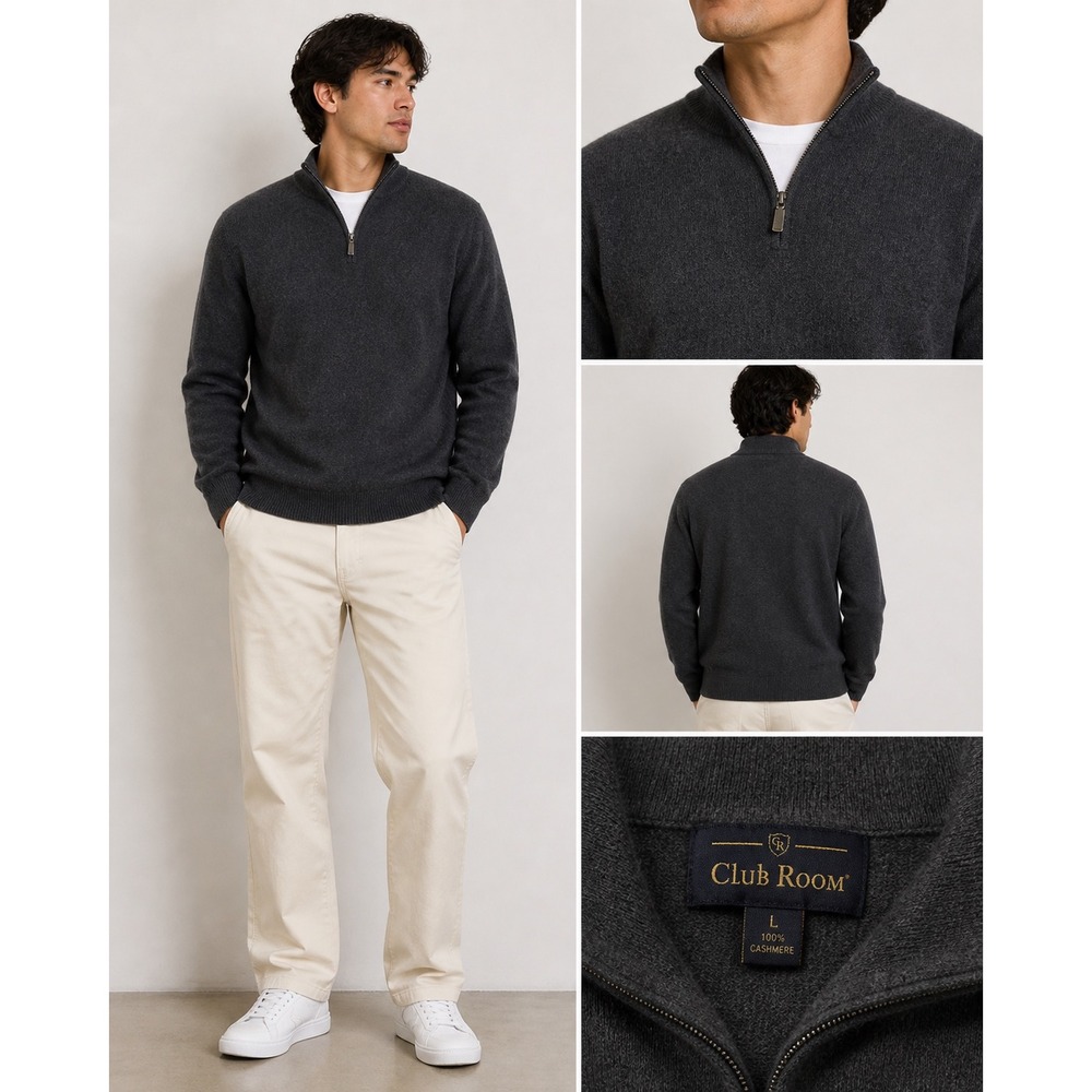 Club Room Mens 100% Cashmere Quarter‎ Zip Sweater Charcoal Gray Large L Pullover